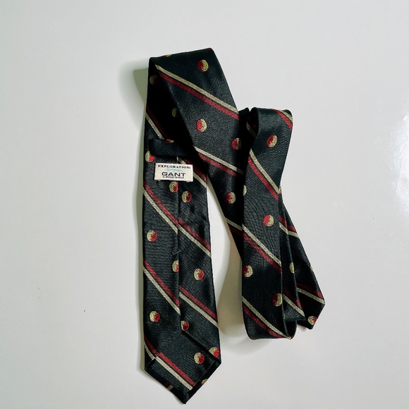 Gant by Michael Bastian Black Red Gold Stripe & Circle Dot Pattern Slim Silk Tie - Picture 6 of 10